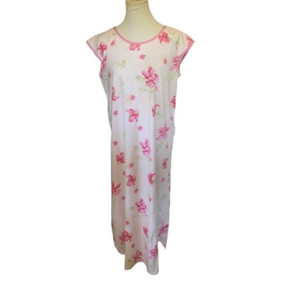 New ANNE LEWIN New York Pink Floral Cotton Cap Sleeve Nightgown Size M
